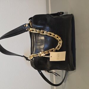 Claudia Firenze Italy Black Leather Shoulder Bag with Gold Chain